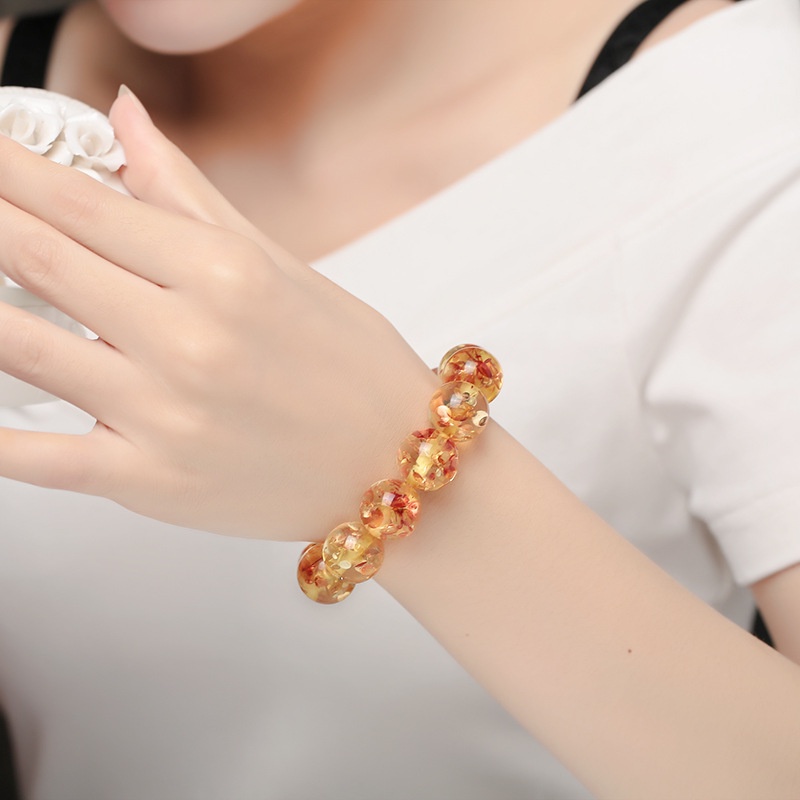 Vòng Tay Chuỗi Hạt Tròn Đính Hoa Màu Hổ Phách Đơn Giản Dễ Phối Đồ Thời Trang Cho Nam Và Nữ