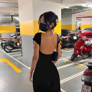 Klalien ins Đầm maxi Ôm Dáng Tay Ngắn Hở Lưng Mềm Mại Co Giãn Màu Trơn Đơn Giản Thời Trang Cho Nữ