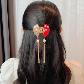 Kẹp Tóc Hình Bướm Đỏ Phối Tua Rua Phong Cách Trung Hoa Cổ Điển Mừng Năm Mới