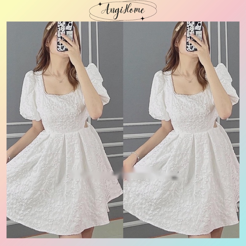 ĐẦM GẤM TRẮNG KHOÉT EO PHỐI NGỌC VIỀN CỔ VUÔNG TAY PHỒNG ANGI HOME