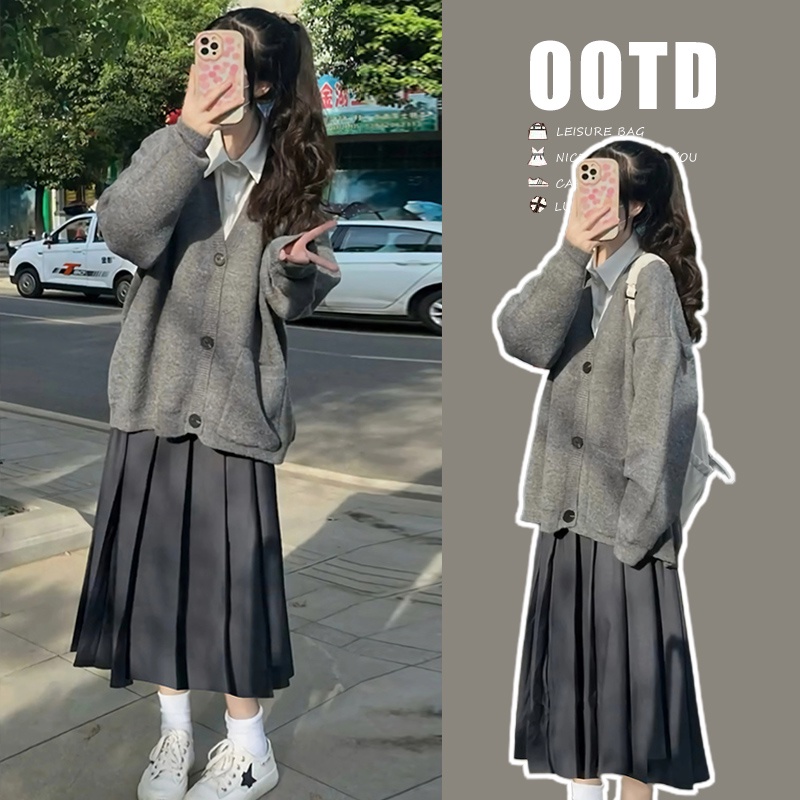 Hàng Mới Về Bộ Áo Khoác cardigan Dệt Kim + Chân Váy Eo Cao Xếp Ly Thời Trang Thu Đông Cho Mẹ Bầu 3023