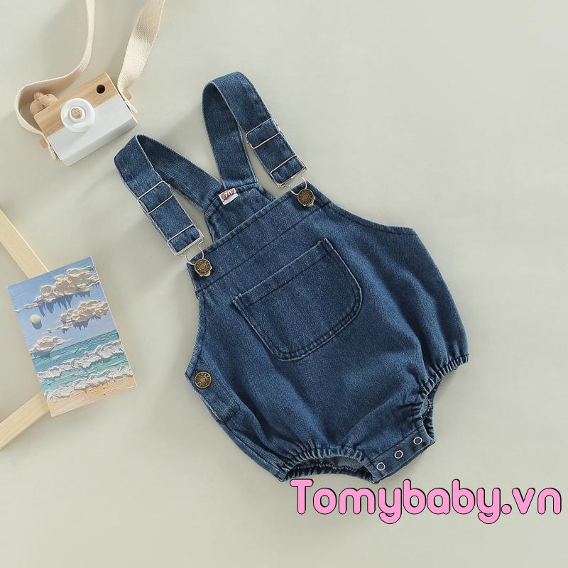 Bộ Áo Liền Quần Sát Nách Chất Liệu denim Màu Trơn Cài Khuy Có Túi Cho Bé