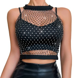 Hum Nữ Không Tay Lưới Kim Cương Giả Crop Tops Bãi Biển Mùa Hè Che Phủ Câu Lạc Bộ Đảng Sáng Nhìn Xuyên Qua Fishnet Xe Tăng Top