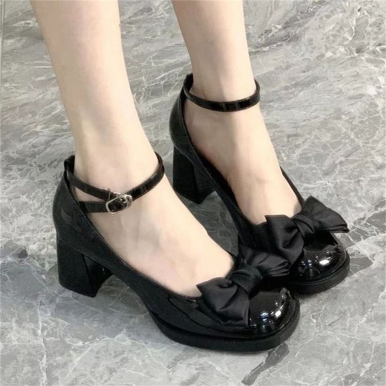 Giày cao gót một dây mũi tròn phong cách Anh, PU nơ, thời trang thanh lịch, giày lười tăng chiều cao chống trượt cho phụ nữ, giá bán buôn tại nhà máy