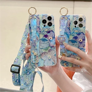 Ốp Lưng Cho iPhone 16 15 14 13 Pro Max 16 15 14 Plus Tranh Sơn Dầu Kim Cương Hoa Giá Đỡ Điện Thoại Có Dây Đeo Ngang Lấp Lánh Bao