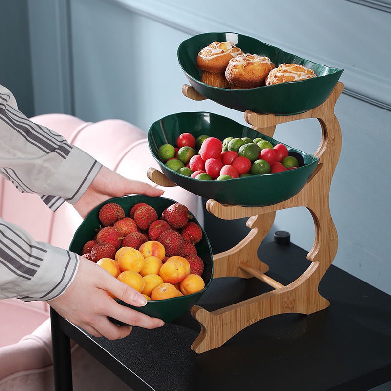 Đĩa Trái Cây Trưng Bày Nhiều Tầng Kèm Kệ Gỗ Sang Trọng - Khay Đựng Bánh Kẹo Đồ Ăn Ngày Tết Phong Cách Bắc Âu
