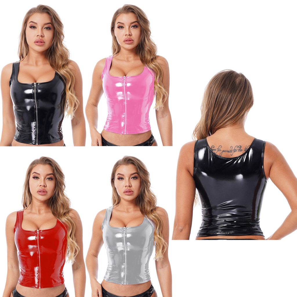 Thời Trang Nữ Dây Kéo Bằng Sáng Chế Da Tank Top Ướt Nhìn Cổ Chữ U Áo Vest Không Tay Cho Câu Lạc Bộ Cực Nhảy Múa