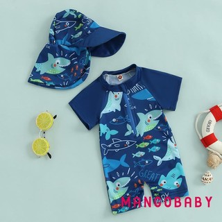 Mg-toddler Bé Trai Rash Guard Đồ Bơi Playsuits In Hình Cá Mập Dây Kéo Tay Ngắn Chống Nắng Bộ Đồ Tắm Có Mũ Bơi