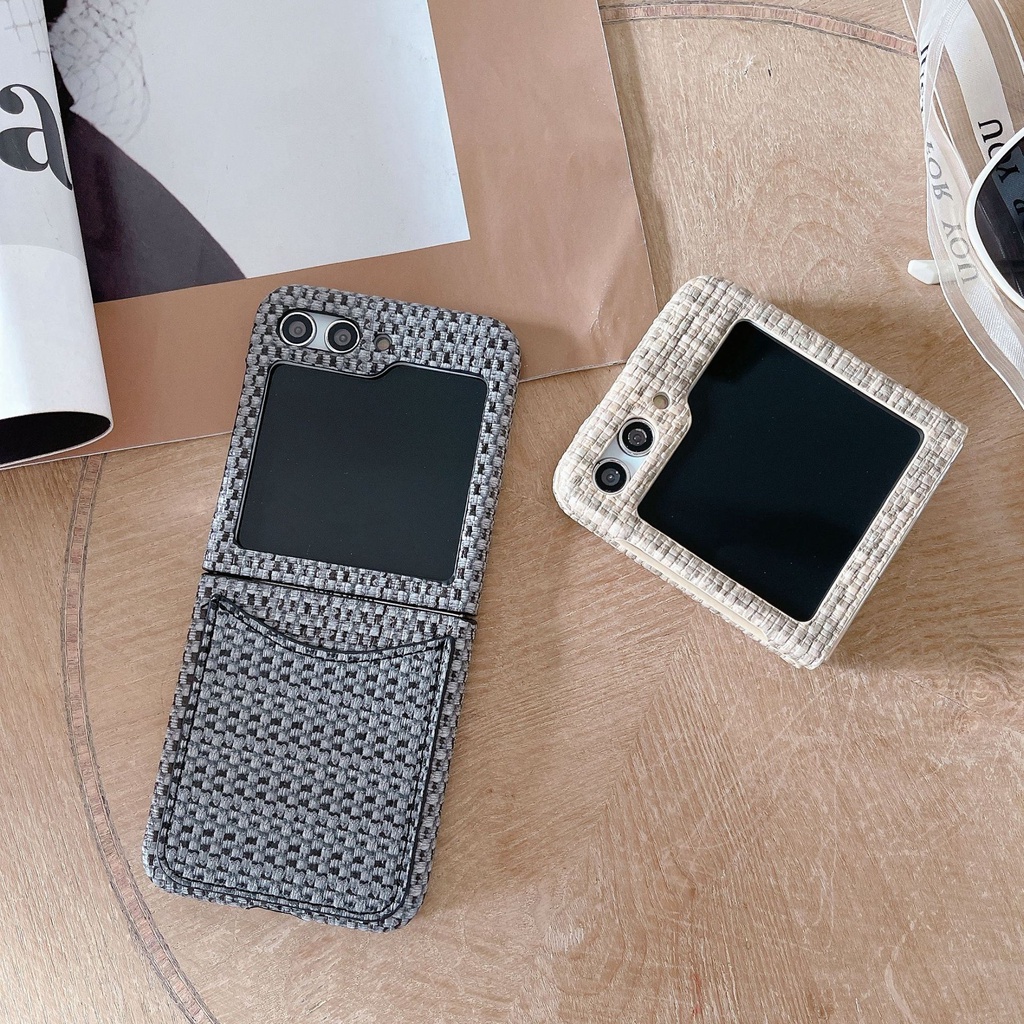 Ốp Điện Thoại Da Họa Tiết Dệt Cho Samsung Galaxy Z Flip 5 4 6 Flip5 Flip4 Flip6 5G Ví Có Giá Đỡ Thẻ Vỏ Chống Sốc