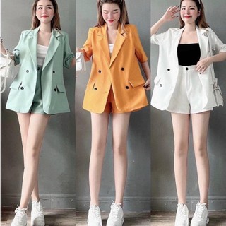 Set đồ công sở NHỎ CLOTHING áo khoác ngoài dạng vest tay cộc quần đùi dáng chữ A phù hợp cho các nàng mũm mĩm SVET