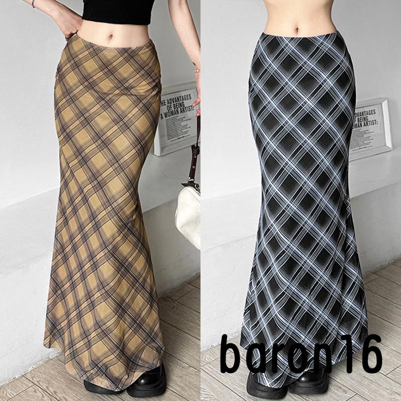 Chân Váy Dài Lưng Cao Họa Tiết Sọc Caro Phong Cách vintage Y2K