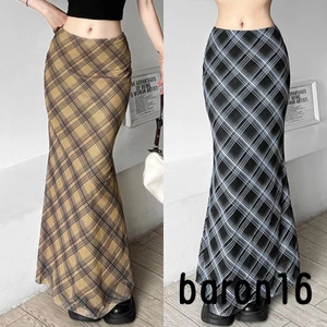 Chân Váy Dài Lưng Cao Họa Tiết Sọc Caro Phong Cách vintage Y2K