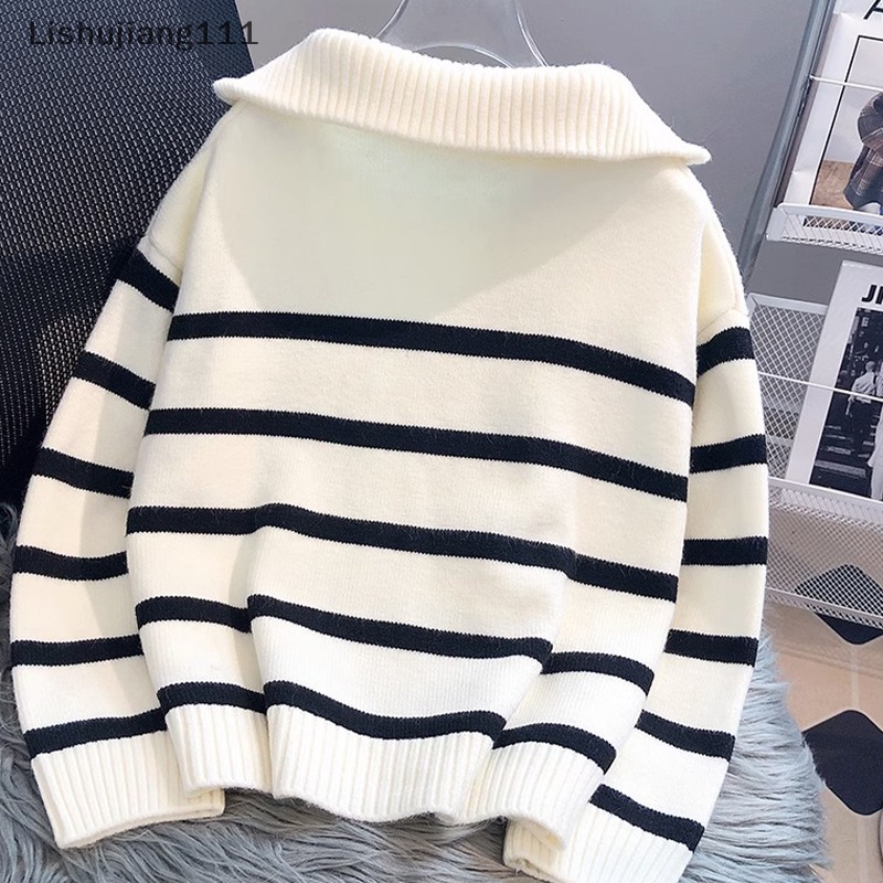 Áo Sweater Dệt Kim Tay Dài Dáng Rộng Kẻ Sọc Phối Khóa Kéo Thời Trang Thu Đông Cho Nữ