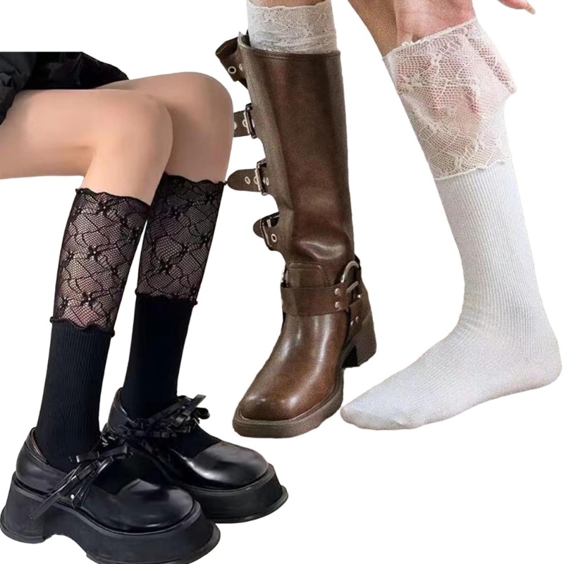 Vua Nữ Trên Bê Ruffle Frilly Boot Tất Ren Chắp Vá Gân Tất Đầu Gối