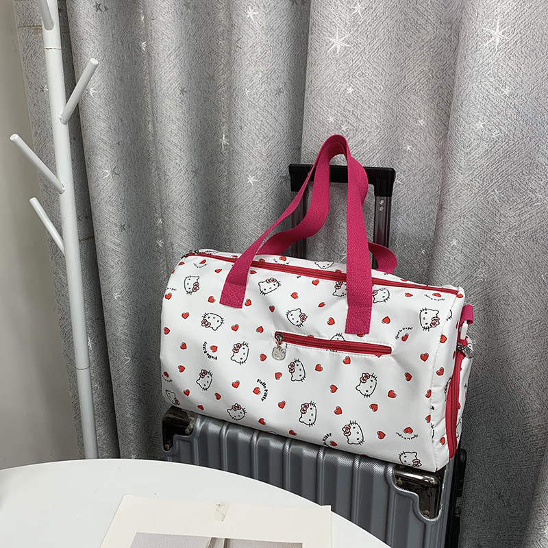 Túi hành lý du lịch Hellokitty Túi tập thể dục sinh viên Túi lưu trữ cầm tay Ánh sáng Dung tích lớn có thể được đặt trên vỏ xe đẩy