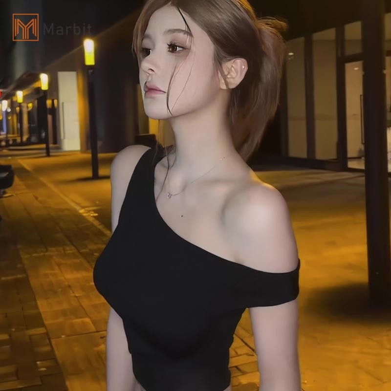 Marbit Thời trang giản dị màu đen lệch vai Áo thun ngắn tay không đều dành cho nữ Mới