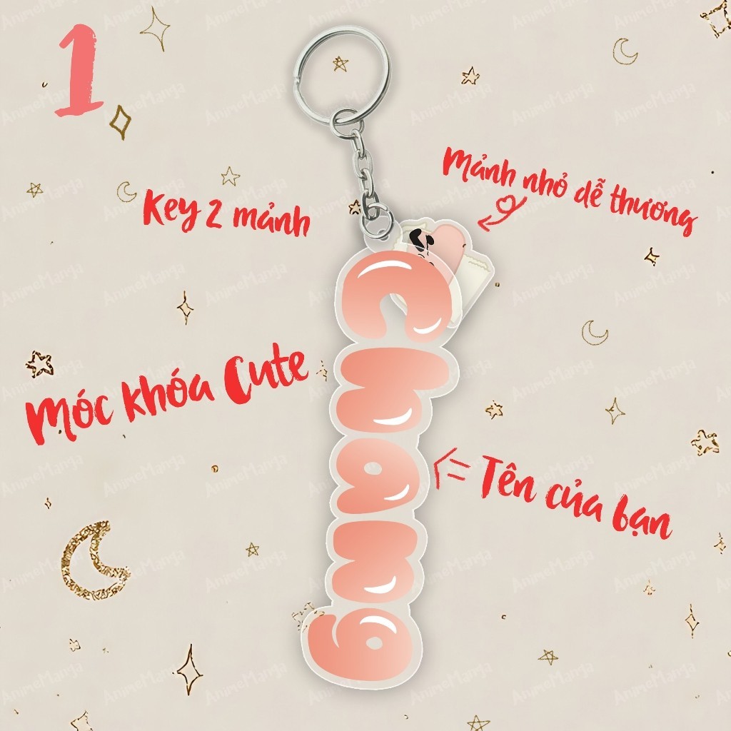 Móc khóa in tên theo yêu cầu kèm hình dễ thương, móc khoá in tên 2 chi tiết  - Xưởng quà tặng Sango