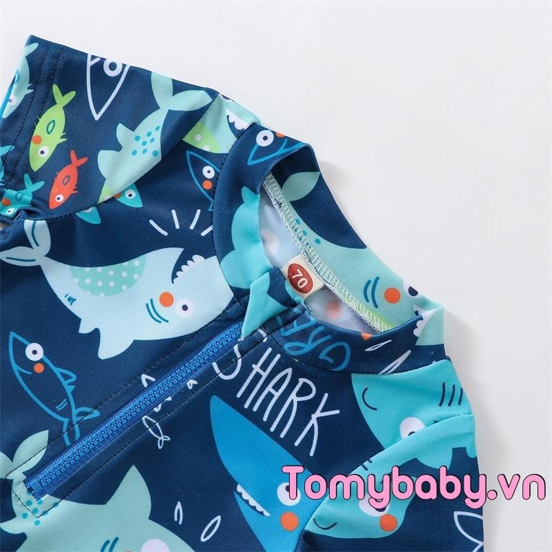 Bé Trai Đồ Bơi Mùa Hè Dễ Thương In Hình Cá Mập Tay Ngắn Dây Kéo Áo liền quần Đồ Bơi Đi Biển