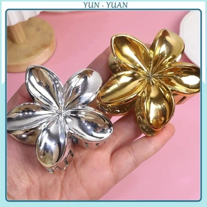 Kẹp hoa trứng vàng và bạc 8cm Châu Âu và Mỹ dành cho nữ mới Màu kim loại chảy năm cánh hoa Phụ kiện tóc