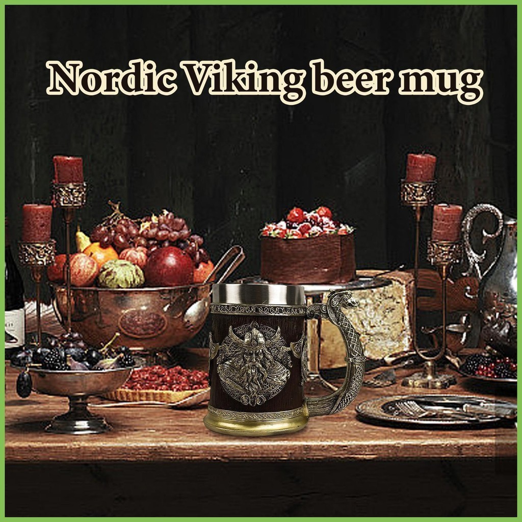 Cốc bia Viking thép không gỉ 600ml, cốc whisky/cà phê cho nam, kiểu thùng tankard