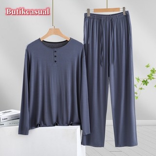 Bộ đồ ngủ nam modal nam dài tay nút quần áo ngủ mùa xuân 2025 mới plus size 2 bộ đồ