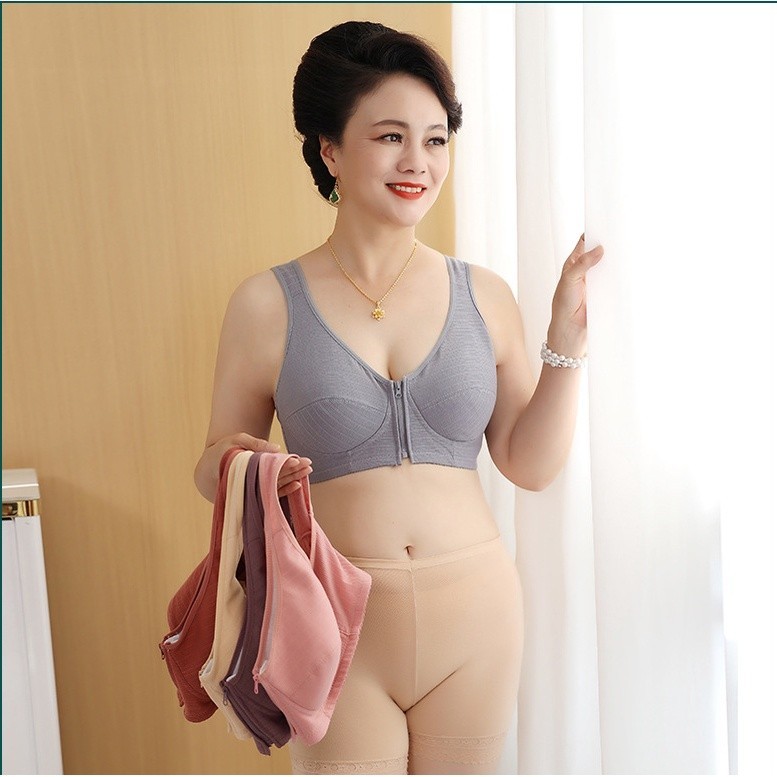 36-46 Cốc cotton mềm có khóa kéo phía trước dành cho người trung niên và người già đồ lót nữ không dây vest phong cách áo ngực lớn mới