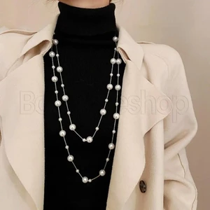 Dây chuyền dài ngọc trai mô phỏng hai lớp - Dây chuyền xương đòn nữ - Nữ Jewlery - Dây chuyền áo len trang sức thời trang - Vòng cổ xếp lớp ngọc trai thanh lịch, cổ điển, cổ điển