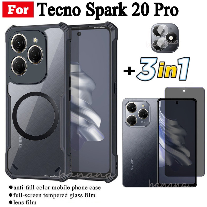 Ốp điện thoại chống sốc 3 trong 1 Tecno Spark 20 Pro có nhãn dán sạc không dây từ tính cho Tecno Spark 20 20C Bảo vệ toàn diện Kính cường lực + Phim ống kính