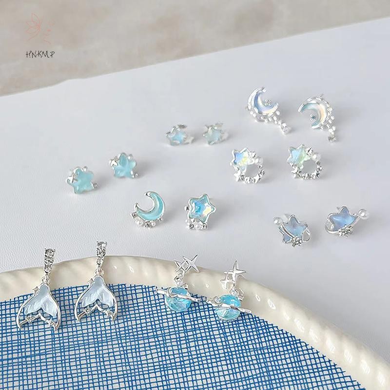 Hnkmp 1 Cặp Bông tai hình ngôi sao Zircon xanh phong cách Hàn Quốc dành cho nữ Bông tai tính khí dễ thương ngọt ngào tinh tế Trang sức đám cưới.