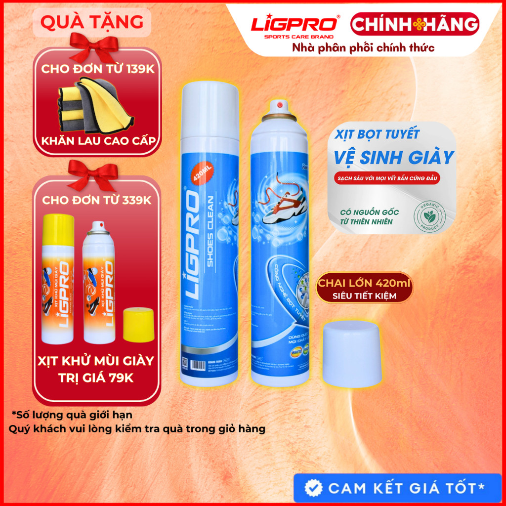 Xịt vệ sinh giày LIGPRO 420ml Bọt tuyết NANO BẠC Làm sạch vết bẩn và lưu hương trên giày thethaochinhhang
