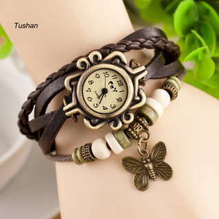 [Ts] Đồng hồ có thể điều chỉnh Đồng hồ đeo tay bằng da giả phong cách Bohemian Vòng đeo tay bướm đính cườm nhiều lớp dành cho nữ Dây đeo bằng da giả cổ điển có mặt dây chuyền Phụ nữ hợp thời trang
