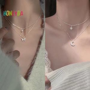 < Honeyba > Vòng cổ vòng cổ mặt trăng ngôi sao phong cách Hàn Quốc Dây chuyền xương đòn hai lớp dành cho nữ Phụ kiện trang sức bé gái