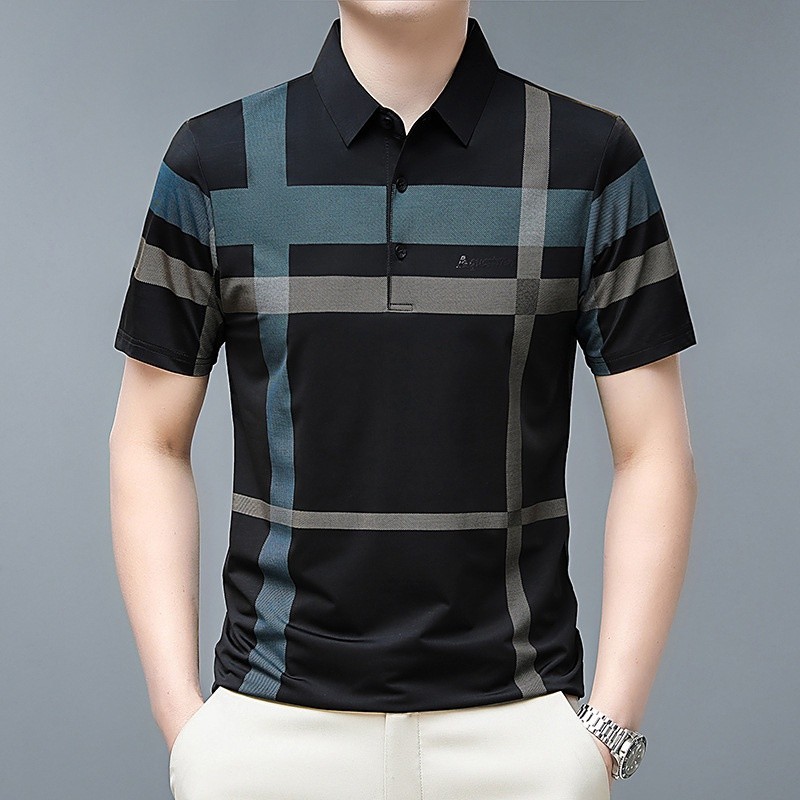 Áo sơ mi polo tay ngắn, dáng rộng và thoáng khí, in họa tiết Carol, thời trang Hàn Quốc, phù hợp cho nam giới