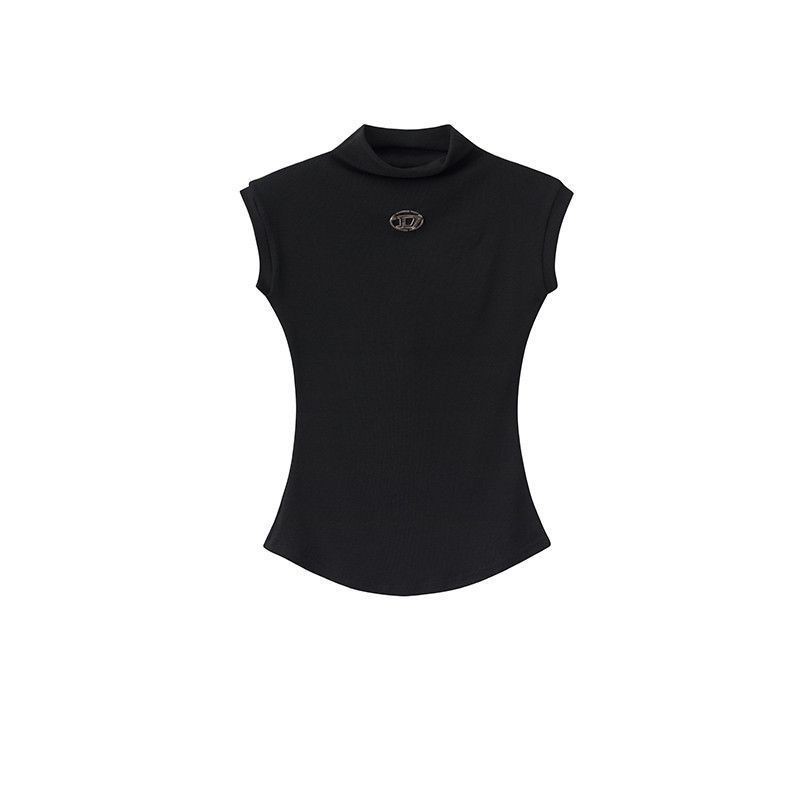 Milyfashion Mỹ Retro Nửa Cổ Cao Chính Hãng Vai Skinny Không Tay Áo Thun Nữ Mùa Hè Hot Girl Slim-fit Slimmer Nhìn Sang Trọng Ngắn