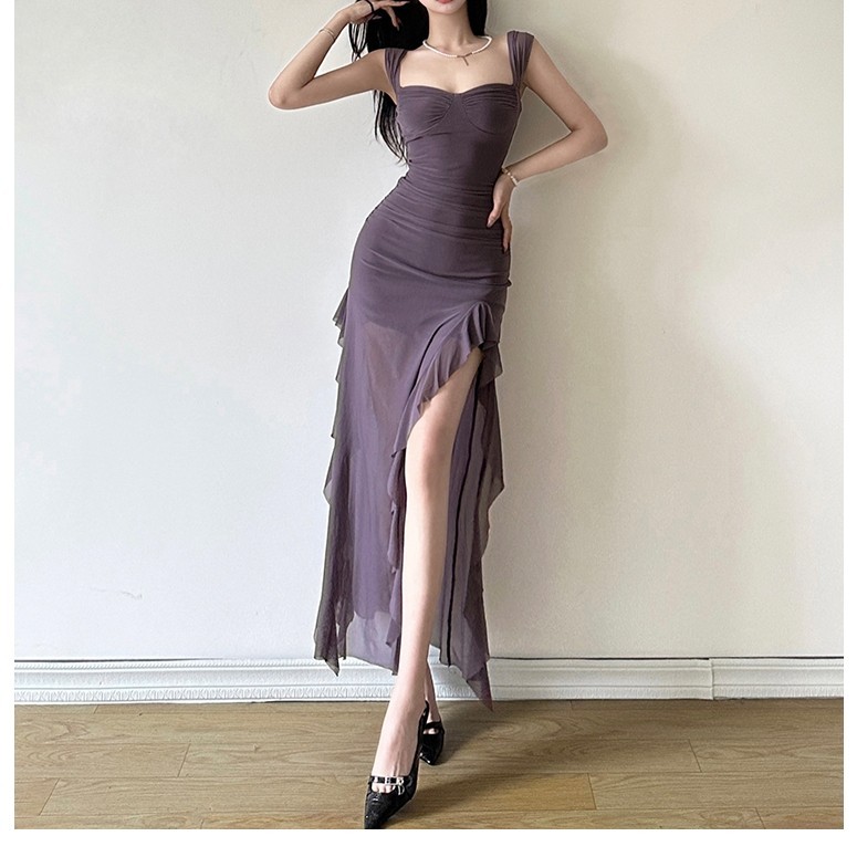 Cutenew Ruffle Edge Lưới Splice Đầm Dài Nữ Mùa Hè 2024 Màu Trơn Không Tay Bên Khe Ôm Vừa vặn Midi Đầm