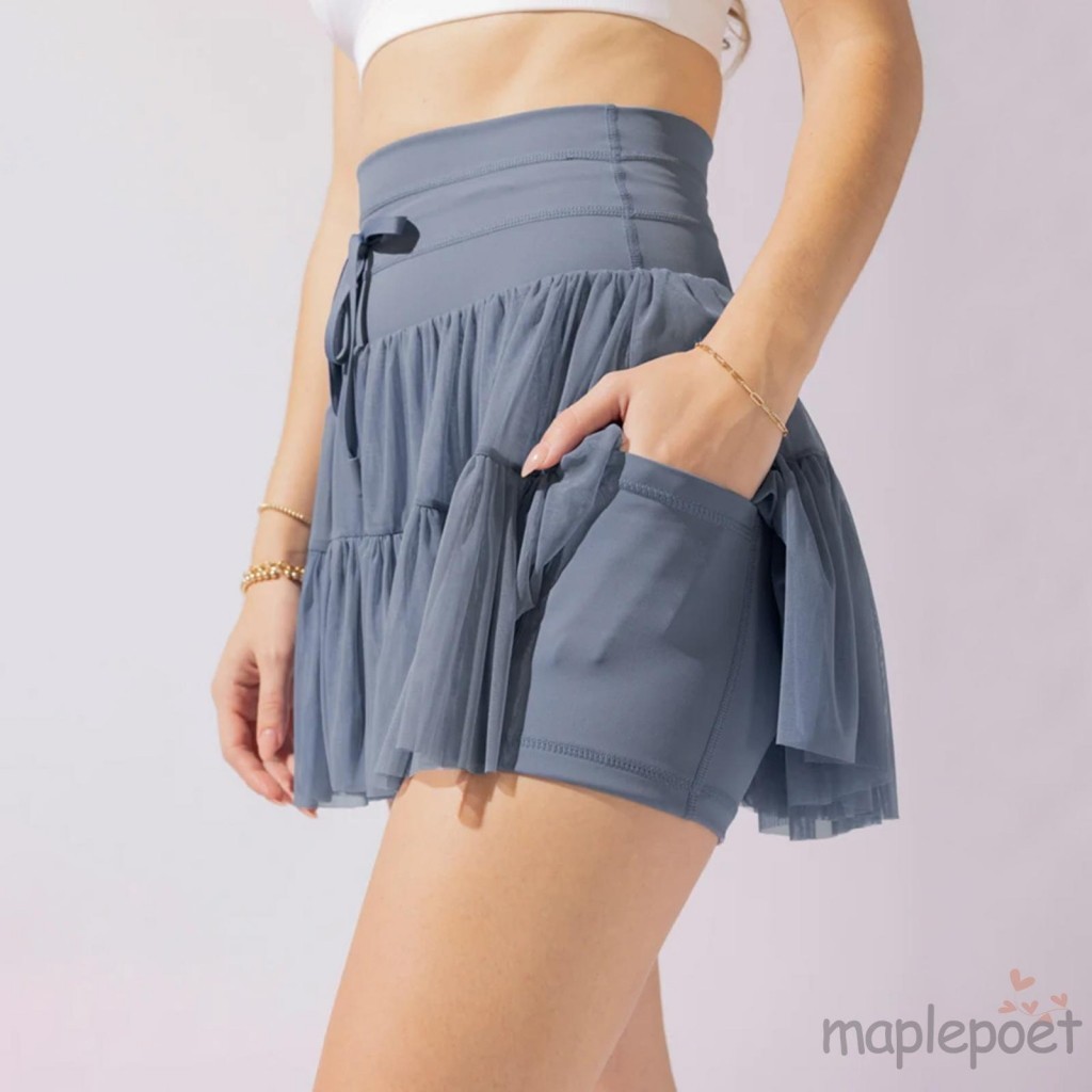 LTL-Nữ Màu Trơn Yoga Váy Xếp Ly Cao Cấp Quần Short Tennis Dây Rút Cao Cấp 2 Lớp Váy Lưới