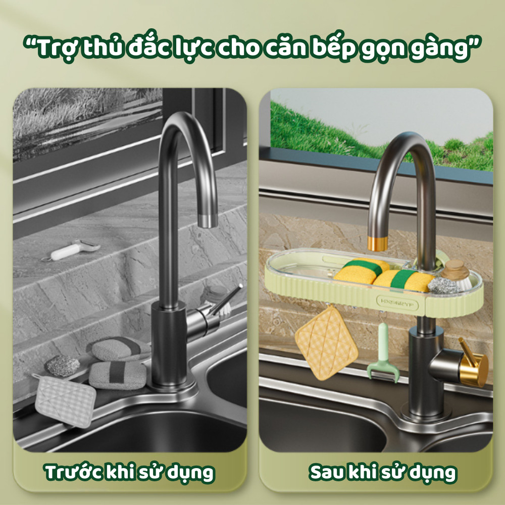 KỆ ĐỂ ĐỒ RỬA CHÉN BÁT GẮN VÒI NƯỚC TÍCH HỢP GIÁ TREO KHĂN, CÓ THỂ KÉO RA VÀ THU GỌN