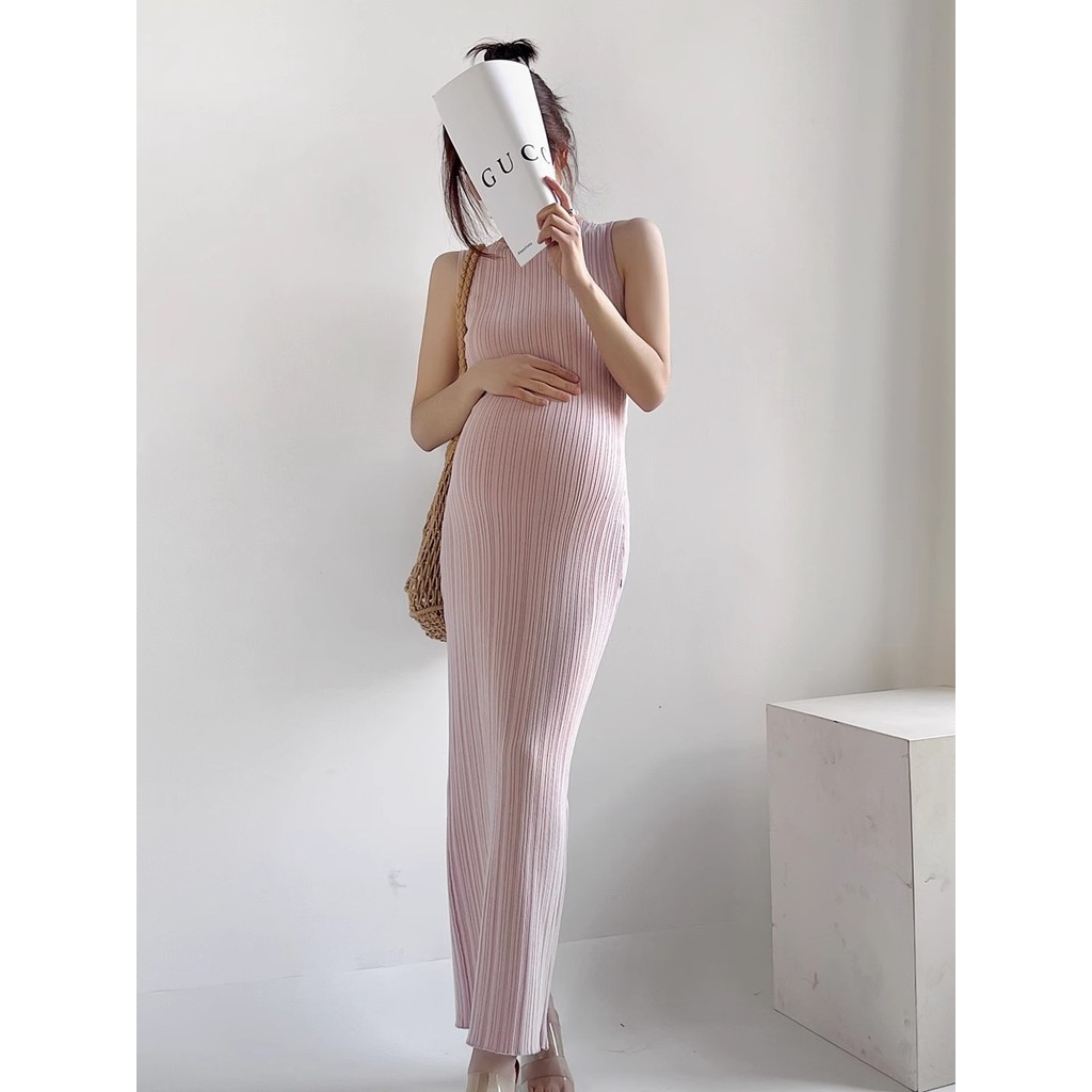 Trang phục bà bầu Mùa hè Phong cách mới Influencer Tính khí dệt kim xẻ lưng Slim @ -