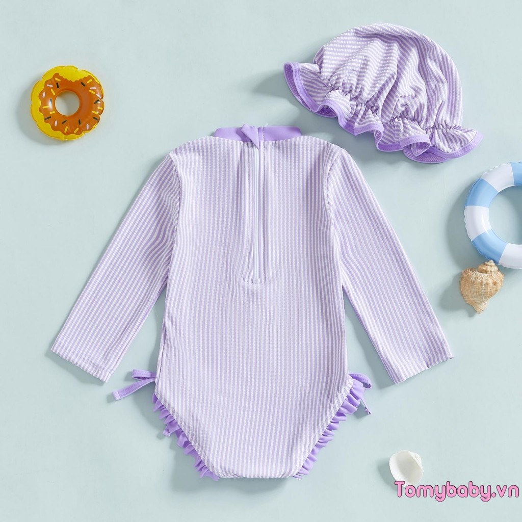 Bé Gái Rash Guard Đồ Bơi Sọc Họa Tiết Dài Tay Cổ Tròn Đồ Bơi Có Mũ