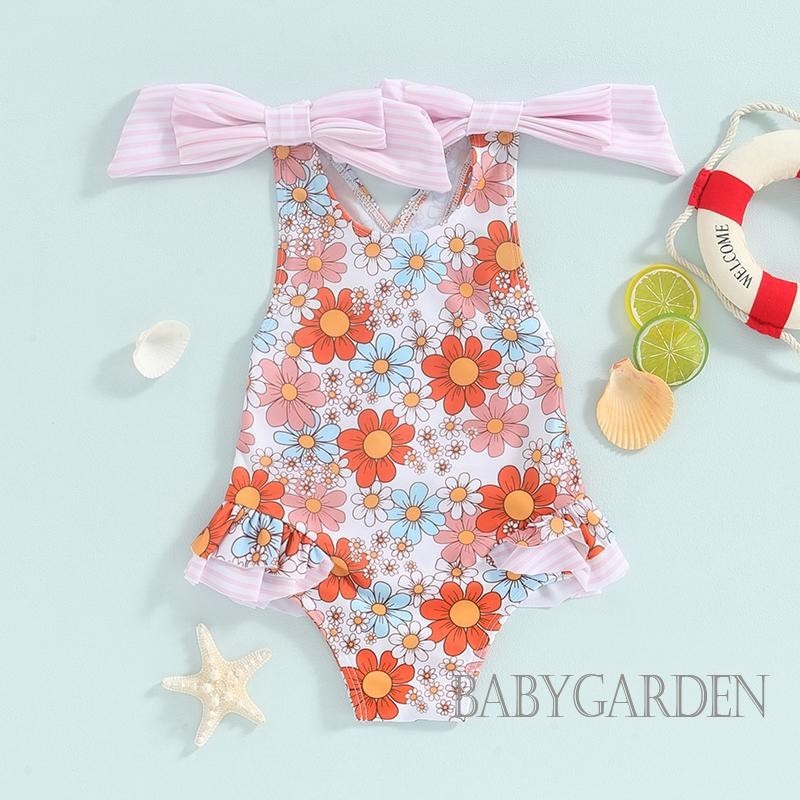 Baga-1-6 Tuổi Bé Gái Đồ Bơi In Hoa Nơ Dây Đeo Vai Đi Biển Không Tay Xù Đi Biển Mùa Hè Đi Biển Bộ Đồ Tắm