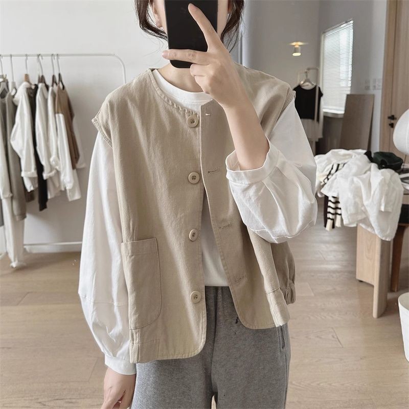 Áo Vest Cổ Tròn Nữ Mùa Xuân Thu Mới Rời Quá Khổ Retro Túi