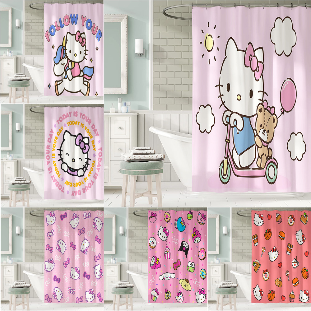 Sanrio Hoạt Hình Hello Kitty Polyester Chống Thấm Nước Màn Tắm Chống Nước Phòng Tắm Trang Trí Màn Tắm Vải Trang Trí Phòng Tắm Bộ 12 Móc