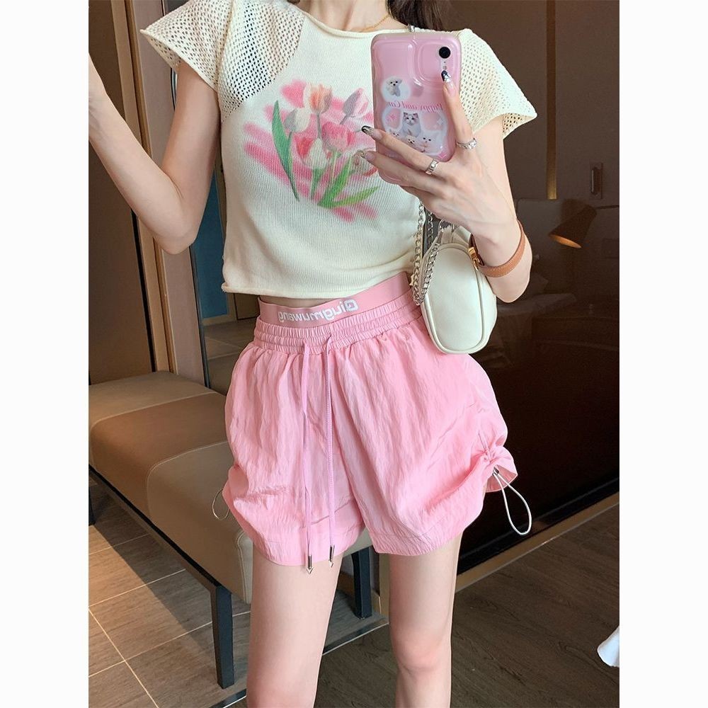Quần Short Thể Thao Màu Hồng Nữ Mùa Hè Cao Cấp Rời Ống Rộng Dây Rút Thẳng Quần Short Thường Ngày