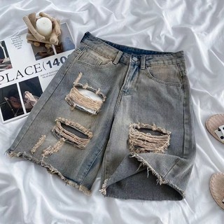 Mỹ Đường Phố Cao Cấp Rách Crop Quần Hip Hop Unisex Châu Âu Mỹ vibe Phong Cách Cao Cấp Thẳng Tất Cả Trận Đấu Quần Short Denim