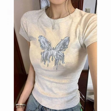 【100% cotton】Áo baby tee Áo Thun ôm body Áo y2k Áo sơ mi croptop Hở Vai In Hình Bướm Phong Cách Mỹ Thời Trang Mùa Hè Mới Dành Cho Nữ