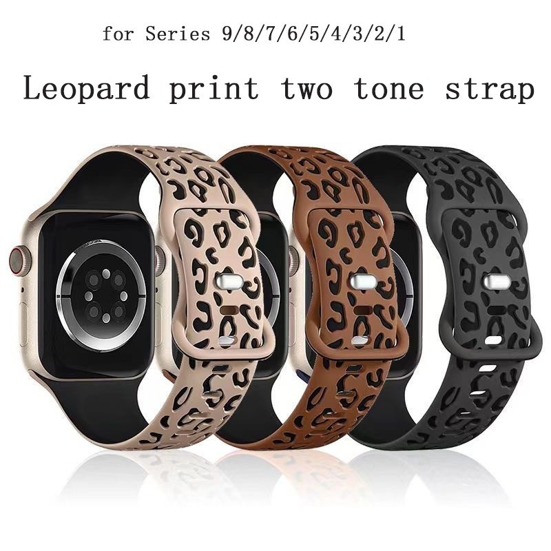 Dây đeo S11 in da báo cho Apple Watch Band Ultra 2 49mm 45mm 44mm 42mm 41mm 40mm 49mm 40 mm Vòng đeo tay đính đá khắc cho iwatch series ultra 2 9 7 se 3 6 8 5 4