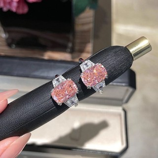 Châu Âu Mỹ ins Phong Cách Mới Kim Cương Hồng Đá Hoa Cắt Béo Hình Chữ Nhật Carbon Cao Kim Cương Mở Nhẫn Nữ