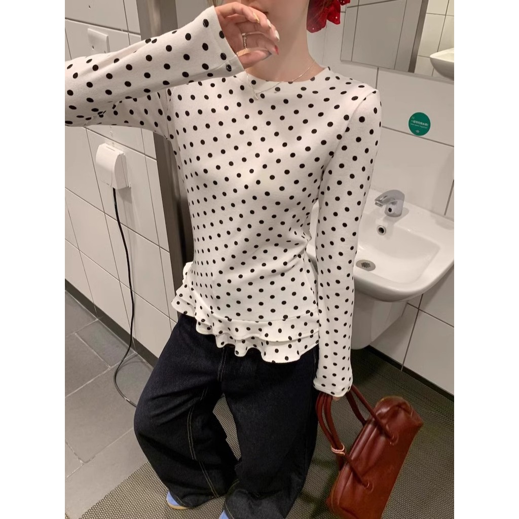 SUXI Áo thun nữ cổ điển kiểu Pháp chấm bi thời trang đơn giản Slim Fit cổ tròn dài tay Áo thun nữ ren viền hàng đầu 250215