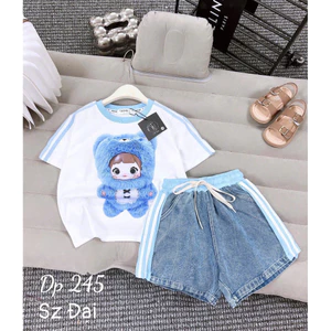 bộ quần áo bé gái baby three hàn quốc cao cấp 15-37kg, áo thun baby three + quần đùi jean bé gái