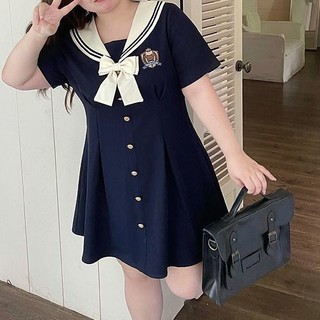 M-5XL Đầm Size Lớn Nữ [Chất Liệu Polyester Thoải Mái Thân Thiện Với Da] Thịt Tây Tạng Váy Phong Cách Preppy Giảm Tuổi Váy chữ a Mùa Hè Hơi Béo mm Ôm Hơn Nhìn Bao Bụng Pháp Navy Co